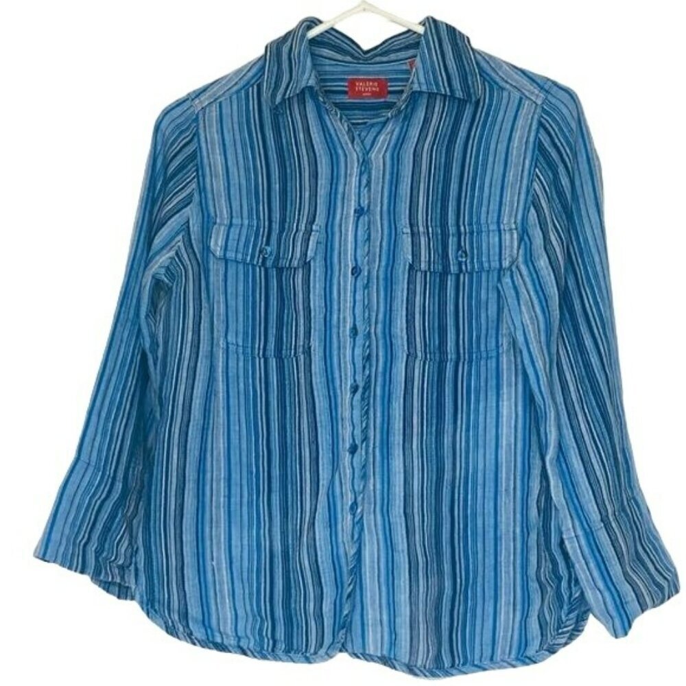 Valerie Stevens Button up vertical pinstripe blouse blue white 100% linen S P